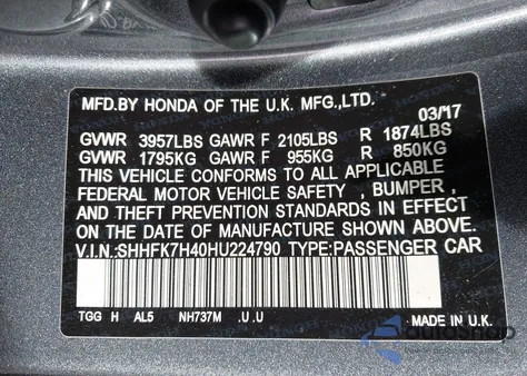 2017 Honda Civic Sport z USA, uszkodzony, nr VIN SHHFK7H40HU224790